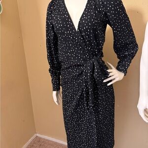 Reserved Black Wrap Midi Dress with White Dot Print